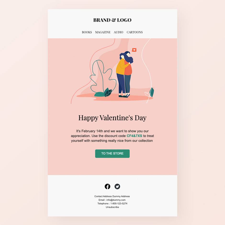 Newsletter design example of a Valentines email design.