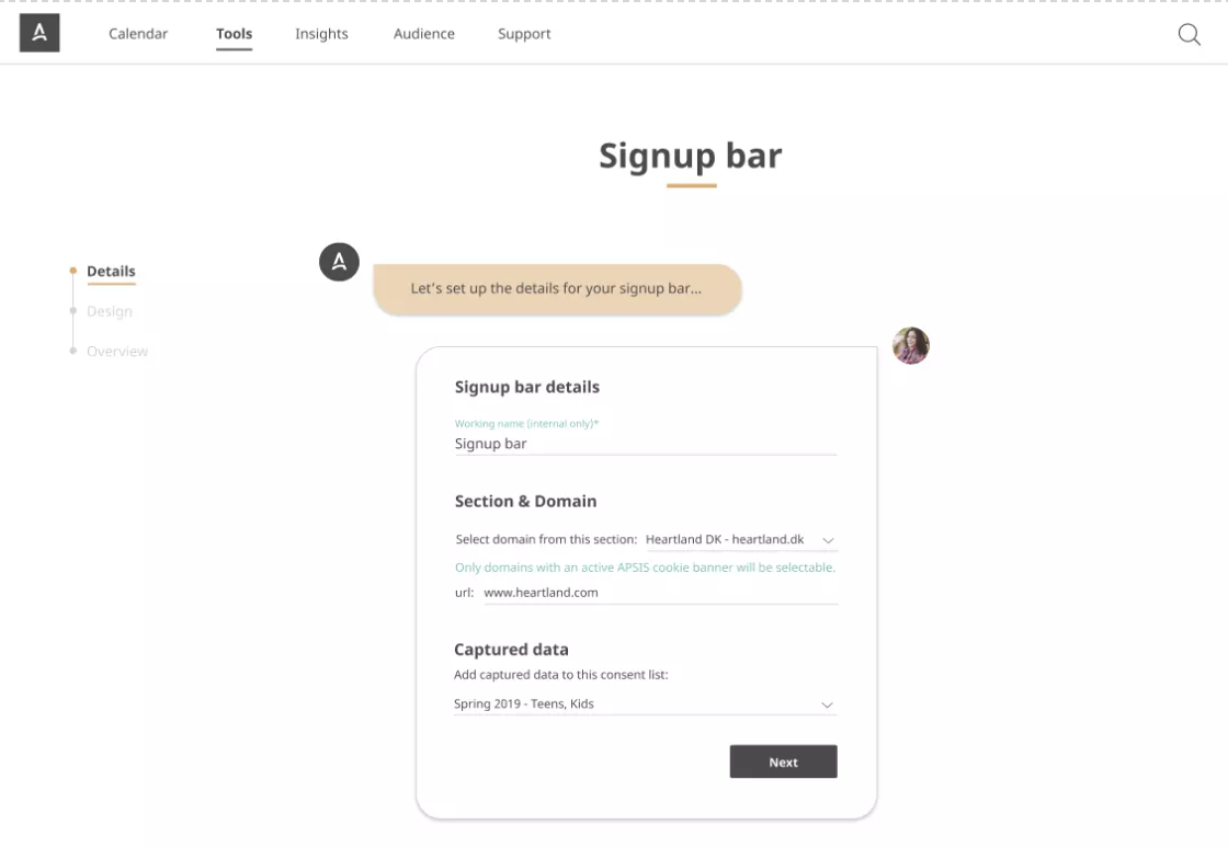 APSIS One tool, signup bar