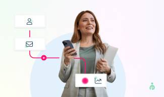 Marketeer with mobile flow surrounded by illustrated nodes from a Marketing Automation Flow in Apsis One.