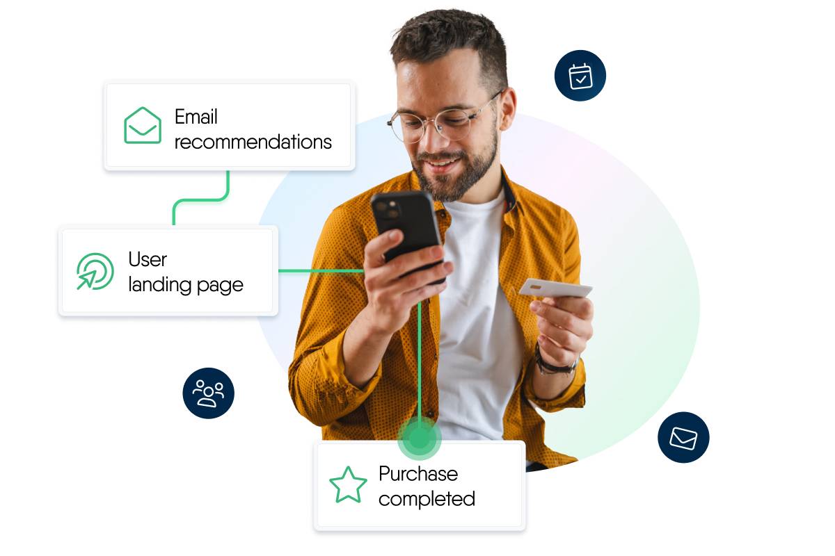 Image of a marketeer shecking an email flow in the tool Apsis One. The text bubbles show a Campaign flow for an emailmarketing campaign.