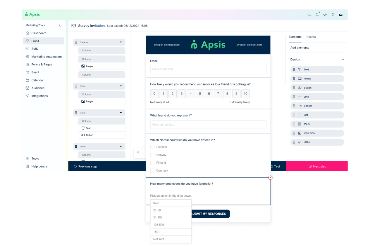 Survey tool in Apsis One marketing platform.